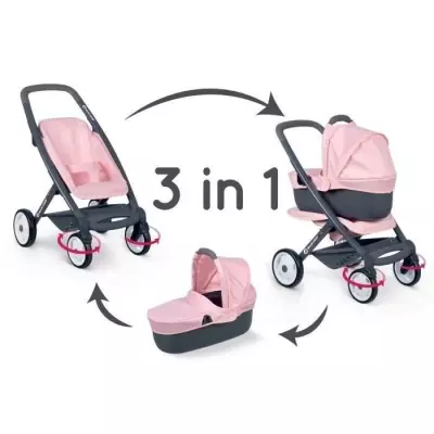 Poussette + Landau 3 en 1 pour Poupons et Poupées - Roues Silencieuses et Multidirectionnelles
