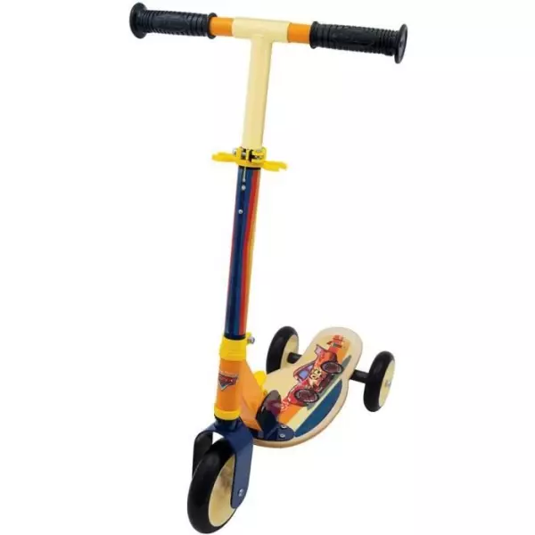 Smoby - Cars - Patinette pliable - 3 roues silencieuses - Plateau bois - Jaune et Multicolore - Trottinette avec guidon réglabl