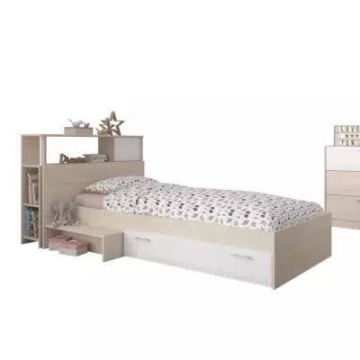 Ensemble lit + tête de lit avec rangement - Style contemporain - Décor acacia clair et blanc