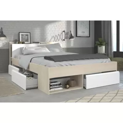 Lit adulte COMBO 160x200 cm - Chêne et blanc - 3 Tiroirs - Fabriqué en France