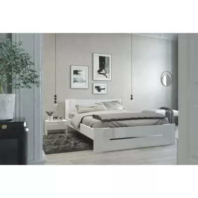 Lit adulte contemporain blanc et blanc brillant - 140 x 190 cm - Fabriqué en France