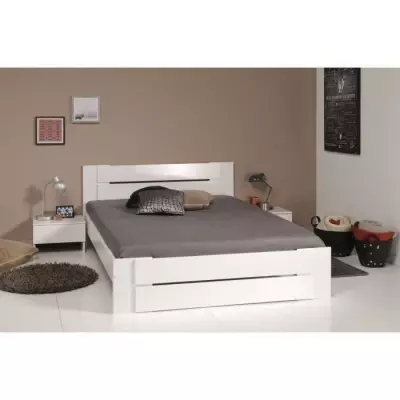 Lit adulte contemporain blanc et blanc brillant - 140 x 190 cm - Fabriqué en France
