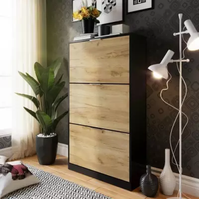 Meuble à chaussure 3 portes - Décor chêne et noir - 75x25x128 cm - Leona