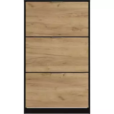 Meuble à chaussure 3 portes - Décor chêne et noir - 75x25x128 cm - Leona