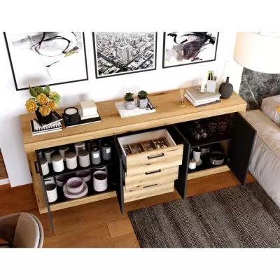 Buffet Industriel INDUS Chêne et Noir - 4 Portes + 3 Tiroirs - L 206 x P 45 x H 83,5 cm