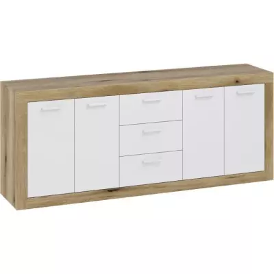 Buffet Mélamine Chêne Rustique et Blanc Mat - Spacieux et Élégant