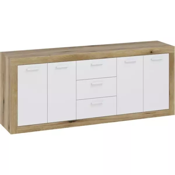 Buffet Mélamine chene rustique et blanc mat - 4 portes et 3 tiroirs L 206 x P 45 x H 83,4 cm STONE