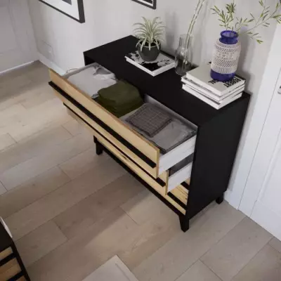 Commode HEKA 4 tiroirs - Noir et chene - L100 x P40 x H89 cm