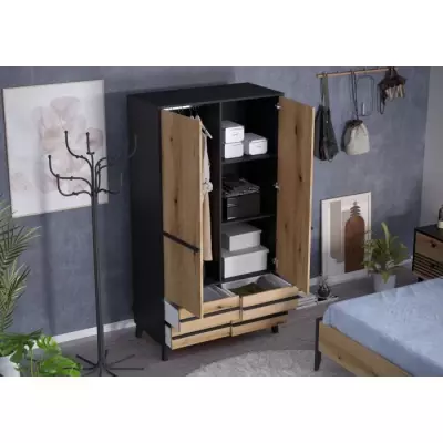 Armoire HEKA 2 portes + 4 tiroirs - Décor noir/chene - L100 x P50 x H180 - Espagne