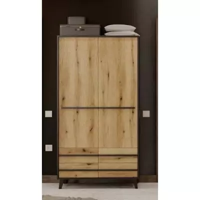 Armoire HEKA 2 portes + 4 tiroirs - Décor noir/chene - L100 x P50 x H180 - Espagne