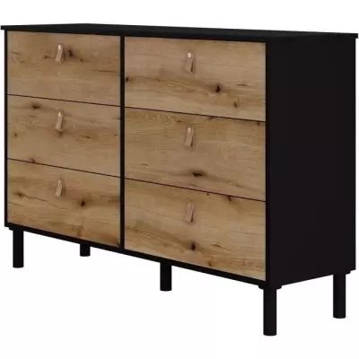 Commode SAMANTHE 6 tiroirs - Noir et chêne - L 140 x P 40 x H 90 cm