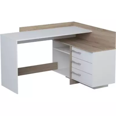 Bureau d'angle 3 tiroirs - Style chêne et blanc - L 128,5 x P 105,7 x H 83,2 cm