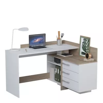 Bureau d'angle 3 tiroirs - Style chêne et blanc - L 128,5 x P 105,7 x H 83,2 cm