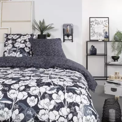 Parure de lit Mawira 2 pers. 100% coton - Bleu Marine - Floral