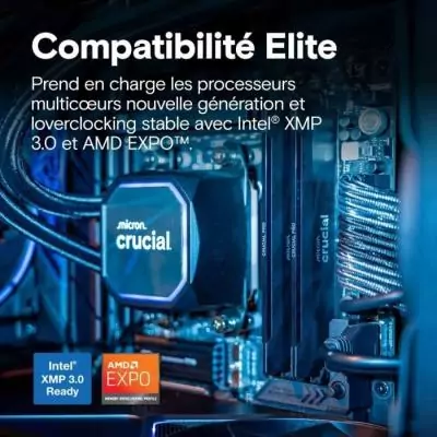 Mémoire gamer - CRUCIAL Pro OC - CP16G64C32U5B - 16&nbsp;Go DDR5-6400 UDIMM - CL32 avec dissipateur thermique - Noir