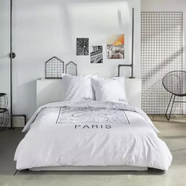 Parure de lit - TODAY - JAVA - 2 personnes - 240x220 cm - Coton - Imprimé Paris - Blanc