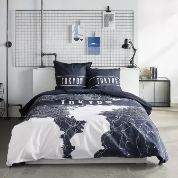 Parure de lit - TODAY - JAVA - 2 personnes - 240x220 cm - Coton - Imprimé Tokyo - Bleu foncé