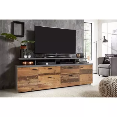 Meuble TV MOOD 2 portes et 2 tiroirs - Bois vieilli et gris mat