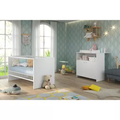 Chambre bébé Duo : Lit 70 x 140 cm + Commode à langer NIKO - Blanc - Éco-responsable