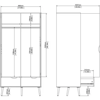 Armoire Chambre Blanc/Chene 2 Portes 2 Tiroirs 