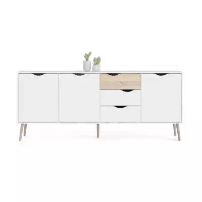 Buffet contemporain en bois massif blanc/chêne - 3 portes/3 tiroirs