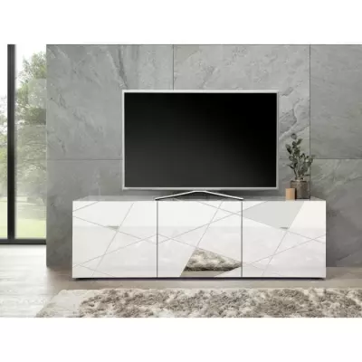 Meuble TV Brillant Blanc avec Sérigraphie Miroir - Élégance Moderne