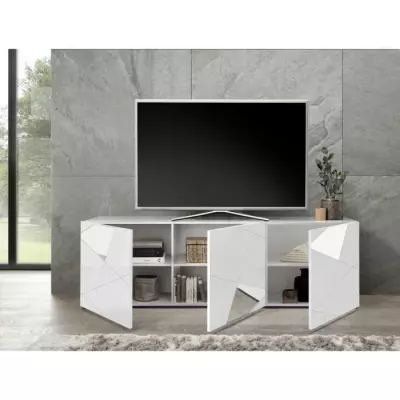 Meuble TV Brillant Blanc avec Sérigraphie Miroir - Élégance Moderne
