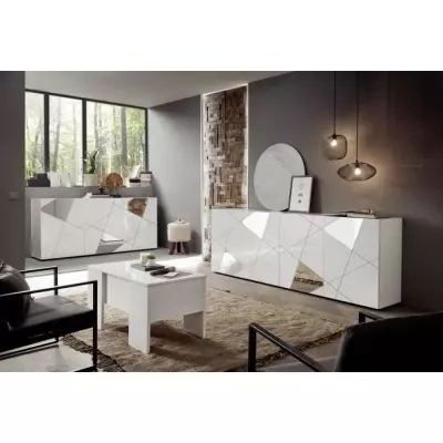Meuble TV Brillant Blanc avec Sérigraphie Miroir - Élégance Moderne
