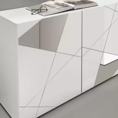 Meuble TV Brillant Blanc avec Sérigraphie Miroir - Élégance Moderne