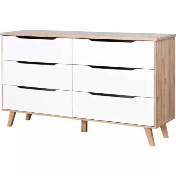 Commode 6 tiroirs - En panneaux de particules - Décor chene et blanc - Contemporain - L 154 x P 42 x H 86 cm
