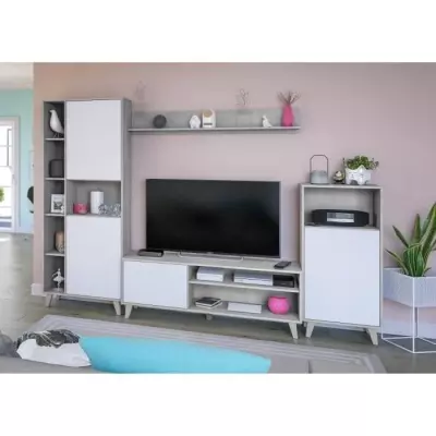 Ensemble TV mural modulable Zoe - Blanc et gris ciment - L260 cm