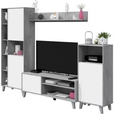 Ensemble TV mural modulable Zoe - Blanc et gris ciment - L260 cm