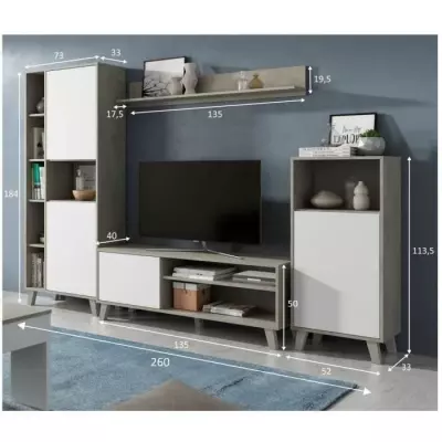 Ensemble TV mural modulable Zoe - Blanc et gris ciment - L260 cm