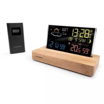 Réveil station météo THOMSON - Bois foncé - Double alarme, USB-C