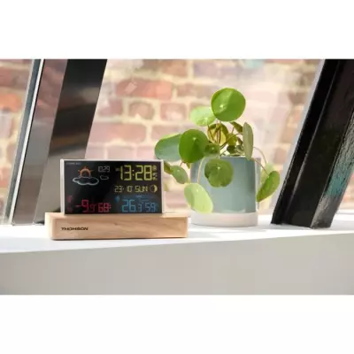 Réveil station météo THOMSON - Bois foncé - Double alarme, USB-C