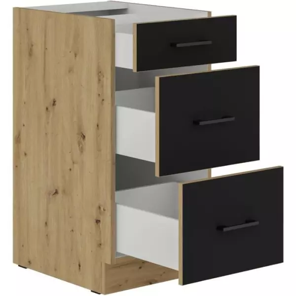 MODENA - Meuble bas casserolier - 3 tiroirs - 40 x 52 x 82 cm - Chene artisan / Noir mat - Plan de travail non inclus