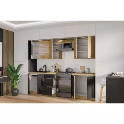 Cuisine complète MODENA - 260 cm - Chêne artisan / Noir mat
