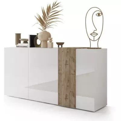 Buffet VENEZIA - Blanc laqué et chêne Cadiz - L 181 x P 44 x H 84 cm