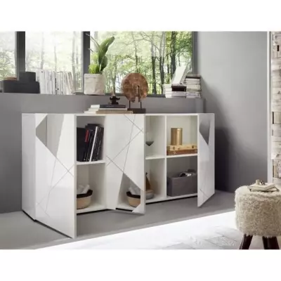 Buffet VICTORY 3 Portes Blanc Laqué Brillant - L181 cm