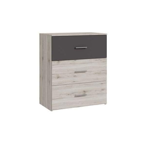 Commode - ADRIA - 3 tiroirs - Chene cendré / Gris uni - 75,2 x 41,3 x 89,7 cm
