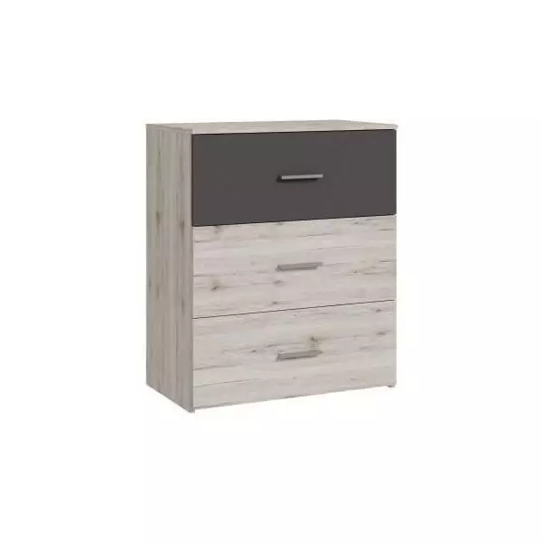 Commode - ADRIA - 3 tiroirs - Chene cendré / Gris uni - L75x P41 x 90 cm