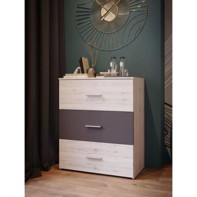 Commode ADRIA - 3 tiroirs - Chene cendré / Gris uni - 75,2 x 41,3 x 89,7 cm