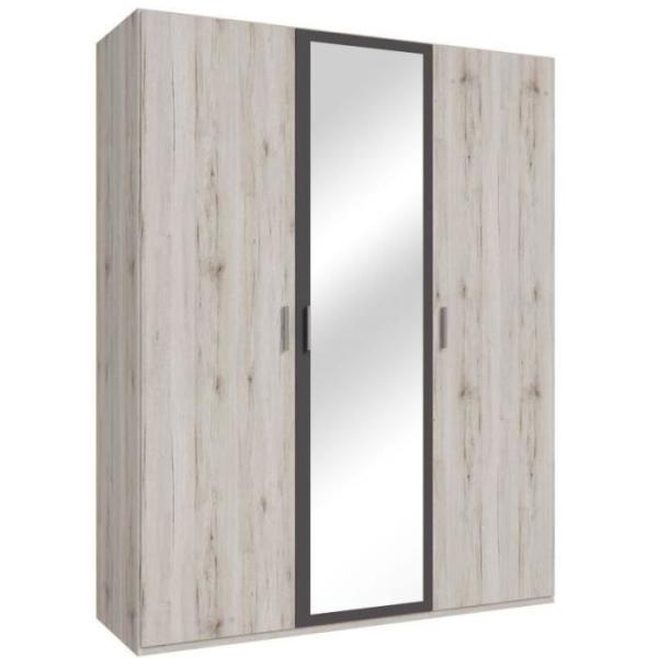 Armoire de chambre - ADRIA - Chene cendré / Gris foncé - 3 portes battantes - 1 miroir - L165,6 x P54,2 x H210,5 cm
