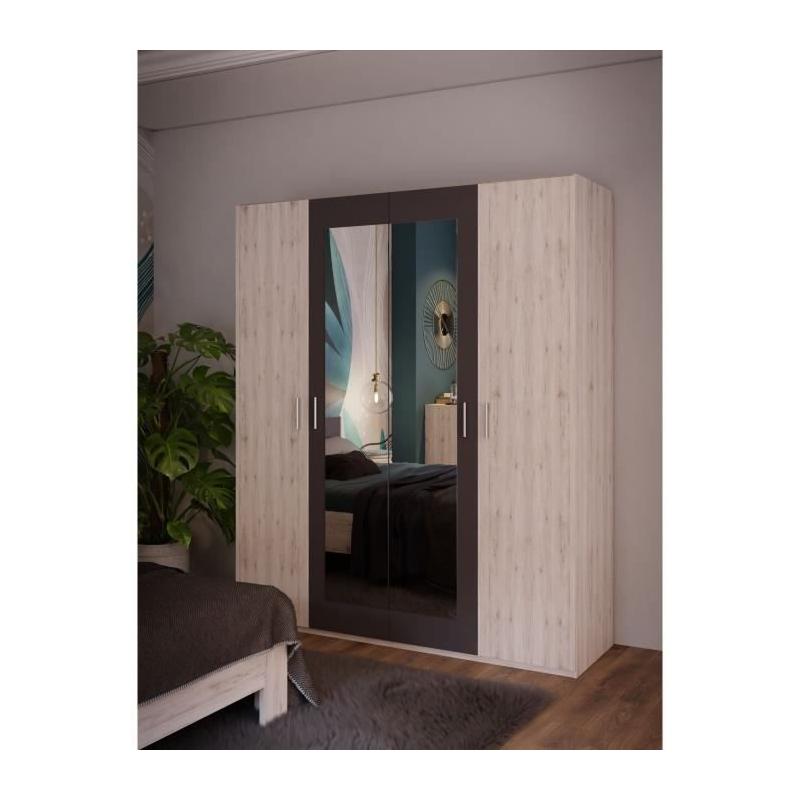 Armoire chambre ADRIA - Chene cendré / Gris foncé - 4 portes battantes