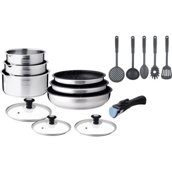 Batterie de cuisine induction - Arthur Martin - AM1275 - Acier inoxydable - 15 pieces - Poignée amovible - Tous feux dont induc