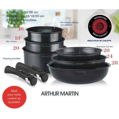 Batterie de cuisine induction - Arthur Martin AM925B - 8 pièces - Poignée amovible