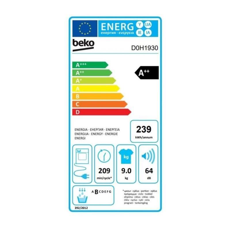 Sèche-linge pompe à chaleur BEKO b300 Eco sense D0H1930 - 9 kg - A++ - Blanc