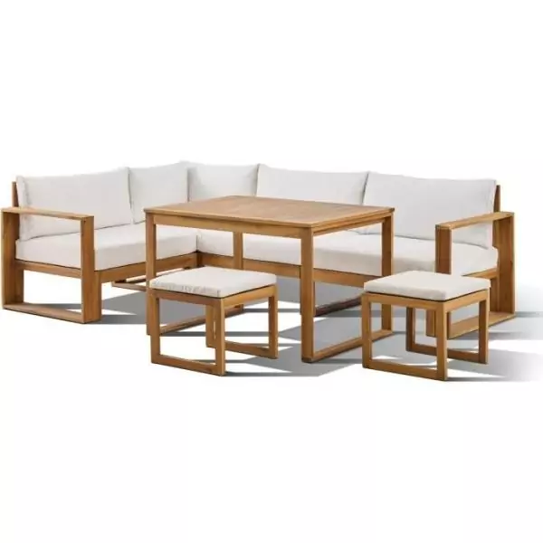 Salon de jardin d'angle modulable LEVATA DINING - Bois d'acacia FSC - 7 personnes - Blanc cassé + Housse incluse