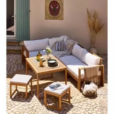Salon de jardin d'angle modulable en bois d'acacia - Blanc cassé - 6 personnes