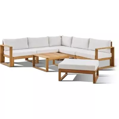 Salon de jardin d'angle modulable en acacia blanc cassé - 7 pers